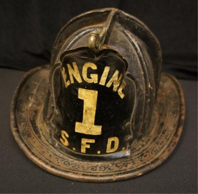 Vintage Fire Helmet S. F.D. Engine 1: with Brass Eagle Mount Condition wear