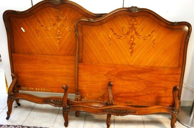 Pair French Beds: with inlaid floral and satin wood- no rails Condition vg/g