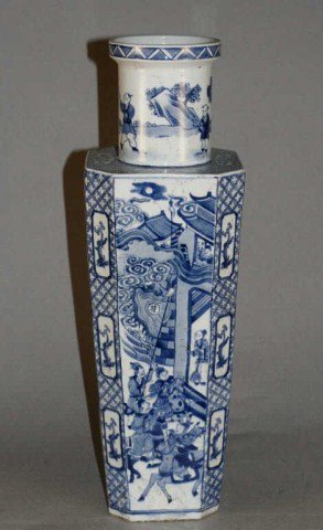 Qing Blue And White Vase: polygon shaped, decorated with war story. China, six character of Kangxi mark. 11" x 7" Condition vg/g