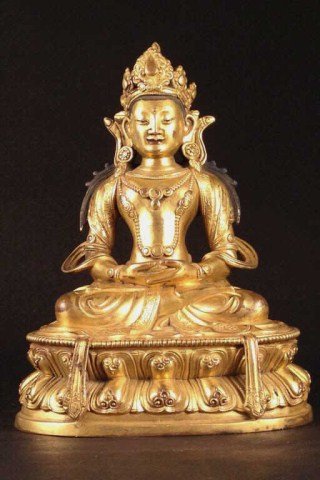 Gilt Bronze Seated Guanyin: seated Guanyin , china, 18 / 19 c. sit cross-legged in lotus seat, wearing a Buddha crown , and his hands were Buddhist gesture. Exquisite carved patterns on the clothes trim. 7.5" tall Condition vg/g