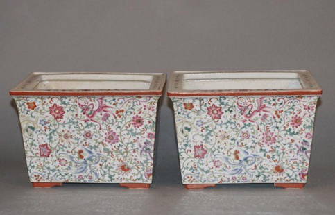 Pair of Famille Rose Flower Pot: porcelain flower pot, china, later 19c. Decorated with dragon, phoenix, Flower, bats and cloud pattern. Rectangle shaped. With red seal mark on base. 7.5" h x 10.5" w x 7.25" d Condition vg/g