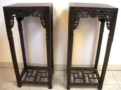 Pair of Carved Zitan Wood Stands: 19c pair of Zitan wooden stands 35" x 15"