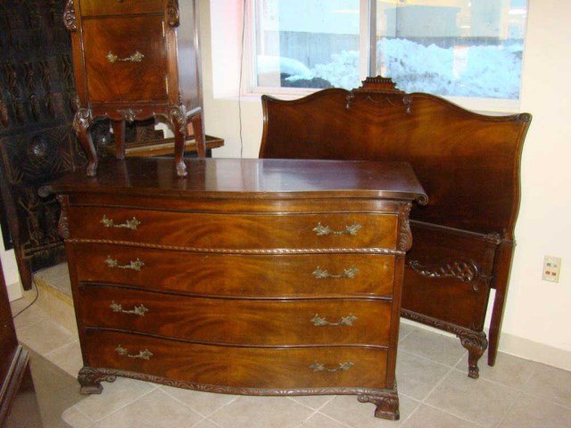 Chippendale Mahogany Full Size Bedroom Set: high chest, low dresser, nightstand, bed and mirror