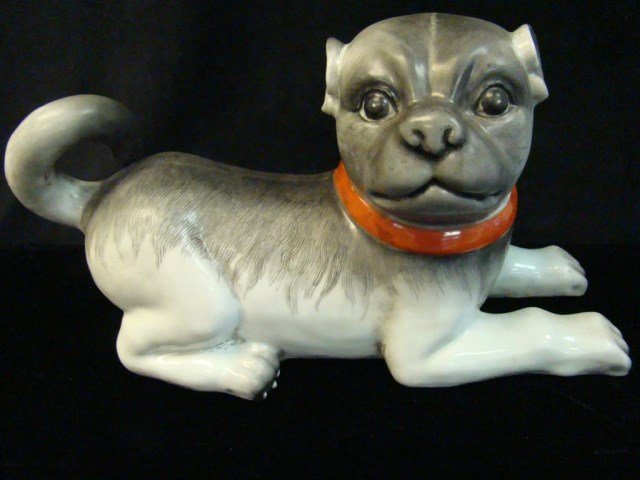 Chinese Porcelain Dog Sculpture: hand painted, 8" x 14" Condition vg/g