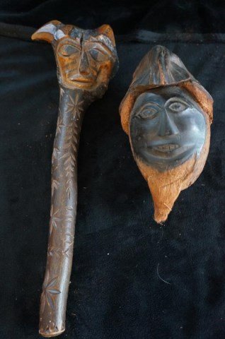 lot of 2 Inuit Wood Carved War Club and Carved: coconut face 15.5" and Condition vg/g