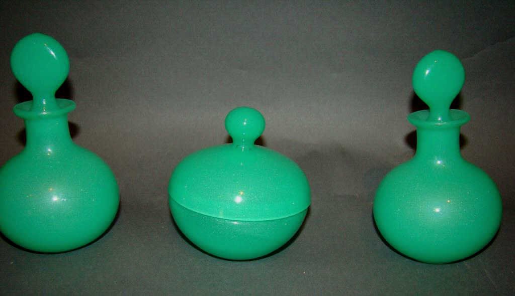 Art Deco 3 Piece Cased Glass Dresser Set: ladies set bottles 6" powder jar 4.5 Condition vg