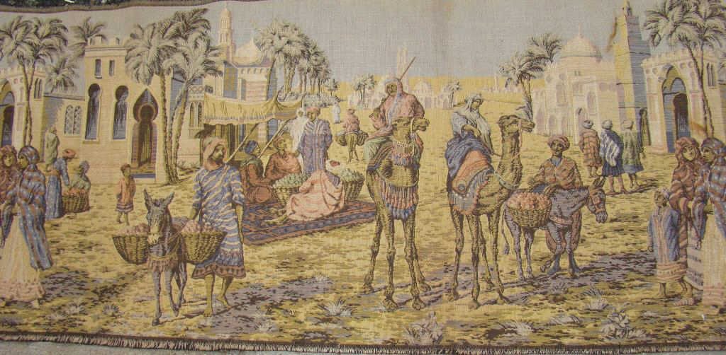 French Tapestry of a Middle Eastern Scene: wall hanging 44" x 20" Condition vg