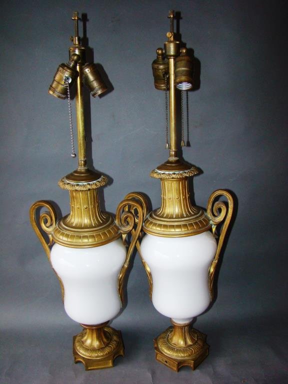 Pair of French Cased & Bronze Lamps: white cased art glass with bronze mounts 28" overall including harps Condition vg