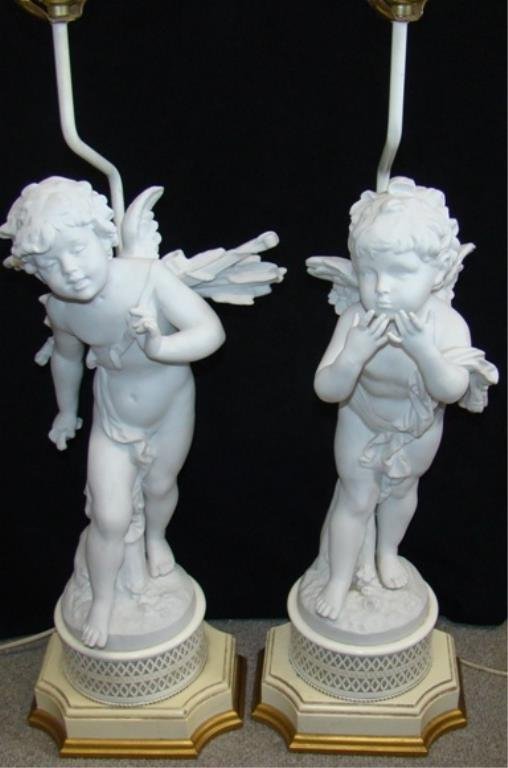 Pair of Bisque Cherub Lamps: italian figural lamps, 15.5" overall with harps, 40"