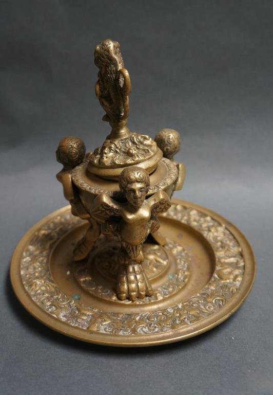 Figural Form Inkwell: brass figural form inkwell with under tray
