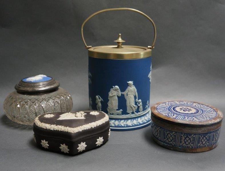 Lot of 4 Pieces, Wedgwood Biscuits Jar, Powder Jar: 2 covered boxes and one is wedgwood, tallest 7" x 5" Condition g