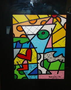 Romero Britto Oil on Board "Martini Glass: letter of provenance 24" x 19" overall framed Condition vg/g