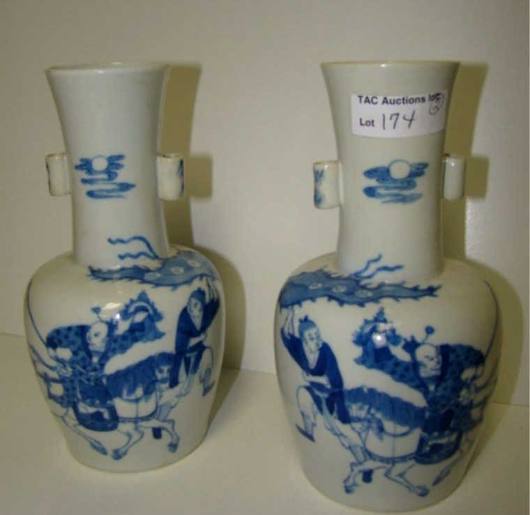 Pair of Antique Blue and White Chinese Vases: 8" Condition old restoration