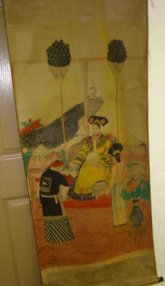 Lot of 2 Japanese Scrolls: signed tiger and royal scene 61" x 24" Condition g