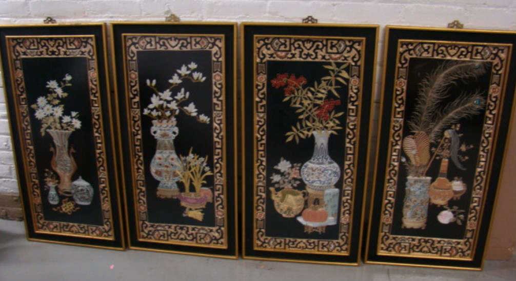 4 Framed Japanese Metallic Thread Textiles: 36" x 18" Condition frames chipped