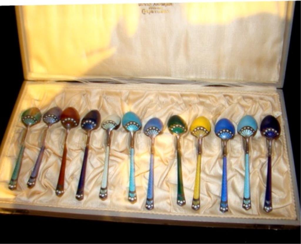 David Anderson Sterling and Enamel Spoons 12: Norwegian sterling silver and enamel demitasse spoons