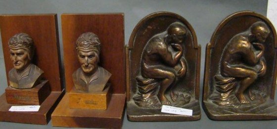 Lot of 2 Pairs of Bookends: bronze The Thinker 5" and hand carved ANRI depicting Dante 5" Condition vg/g