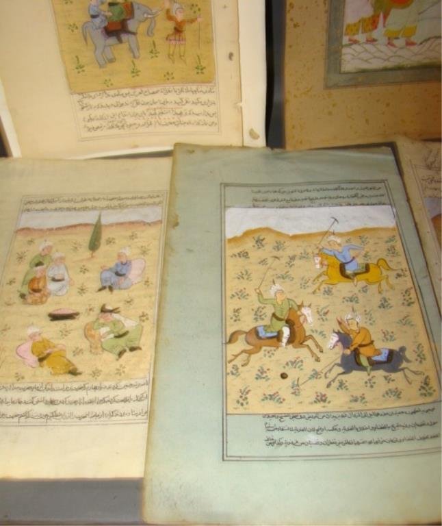 Lot of 5 Persian Manuscript/ Artwork: illuminated some with calligraphy, hand painted 14" x 11" - 11.75" x 8" Condition some staining