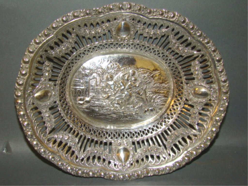 European Silver Reticulated and Pierced Tray: with cherubs playing, marked 800 silver 6.8 ozt. 8.75" x 7.5" Condition vg/g