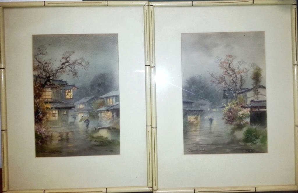 Pair of Signed Japanese Watercolors: rainy weather village view 18" x 13.5" overall frame Condition vg/g