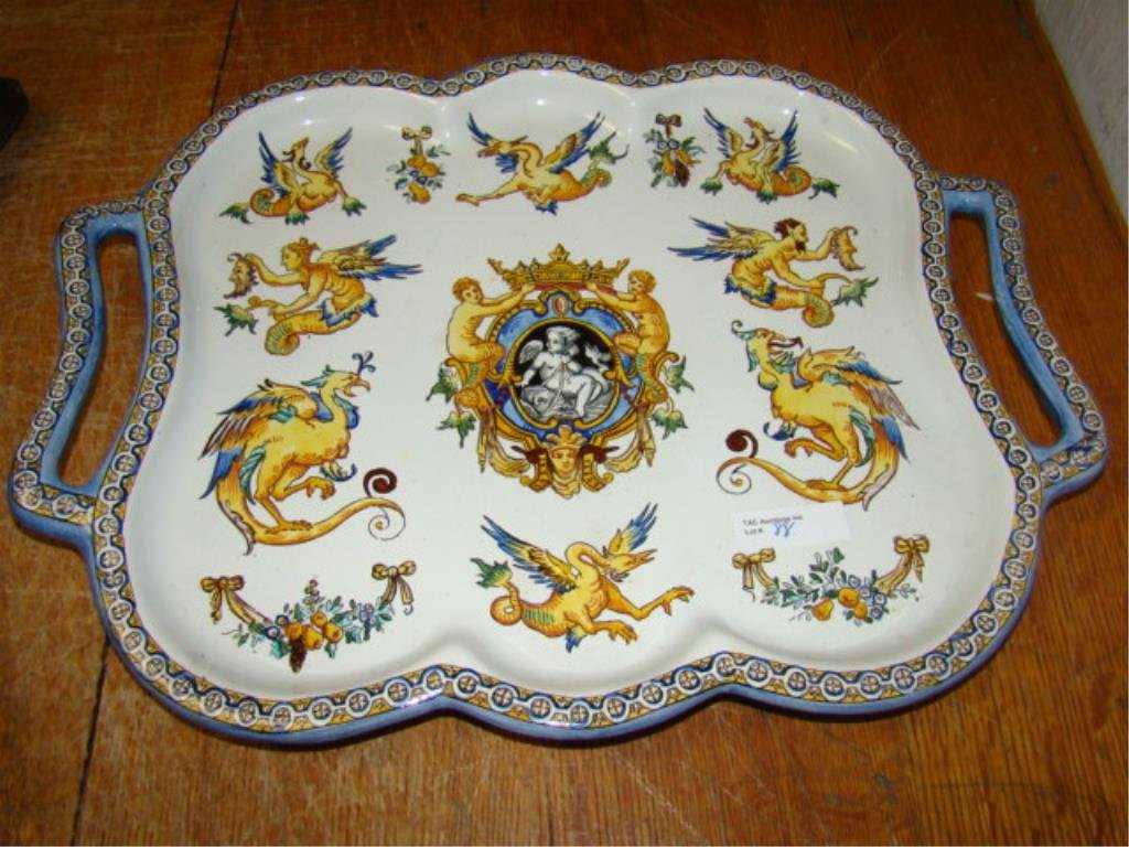 French 2 Handled Faience Tray: with mythical creatures 12.25" x 17" Condition vg/g
