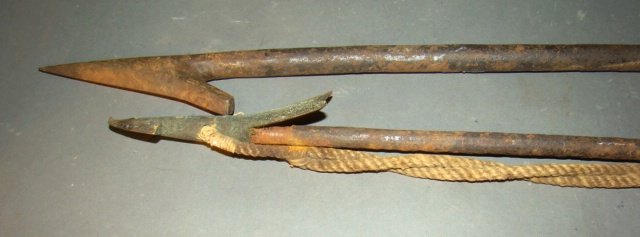 Pair of Whaling Harpoons: 1 with rope still attached 37" - 32.5" Condition 1 tip slightly bent