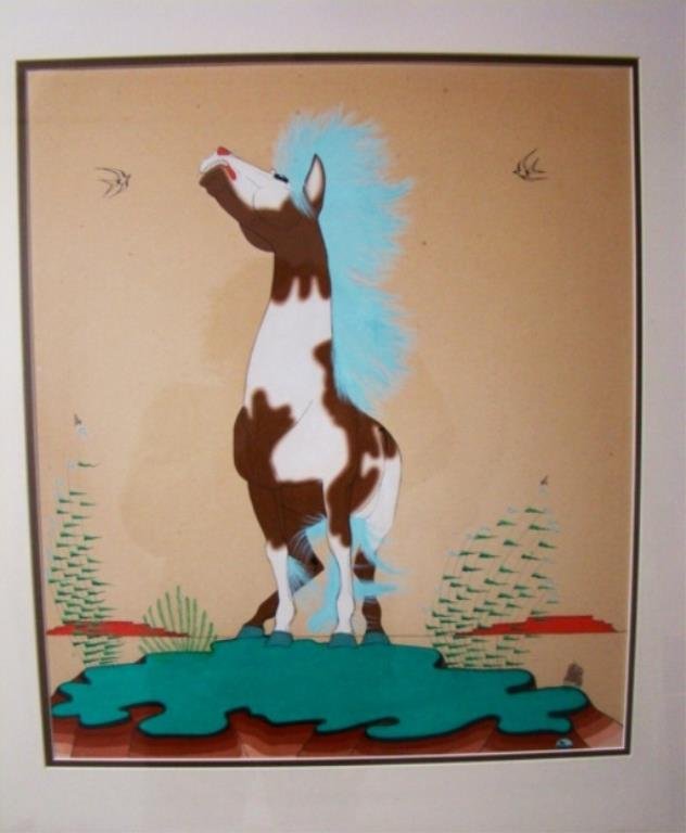 Native American Watercolor Signed Quincy Tacoma: "Calling for the Herd" 27"x24" overall frame Condition vg/g