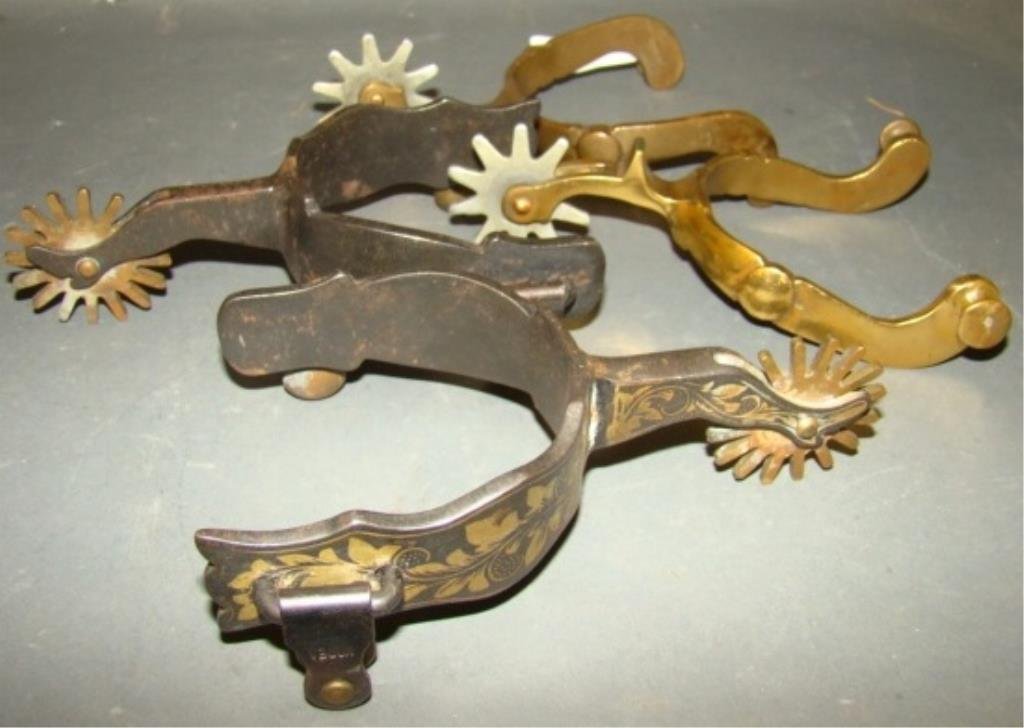 2 Pair Vintage Cowboy Spurs: 1 pair in the shape of lady's legs and 1 brass pair 6" Condition vg/g