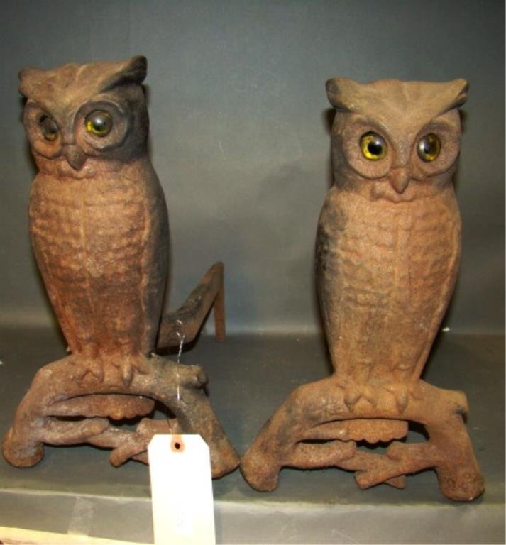 Pair Owl Form Andirons With Glass Eyes: 16" Condition fair