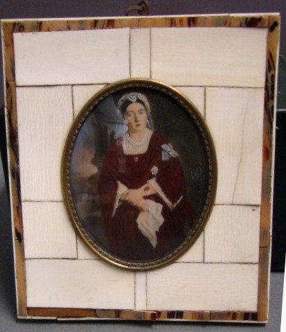 Antique Painting, Ivory Miniature Queen Victoria: tortoise shell inlay, piano ivory frame 5.75" x 5" overall framed Condition some wear to frame
