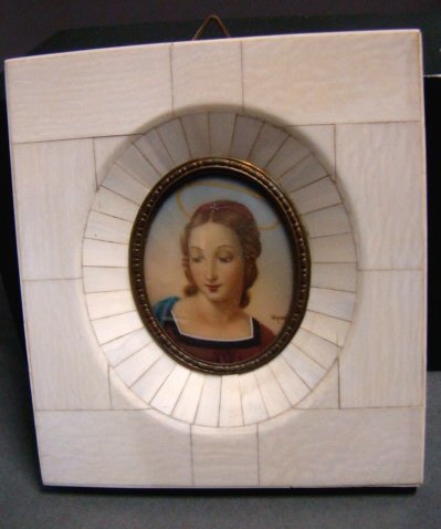 Antique Painting, Ivory Miniature of a Saint: 5" x 4" overall piano ivory frame Condition g/f