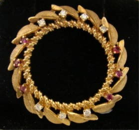 14k Gold Ruby and Diamond Circle Pin