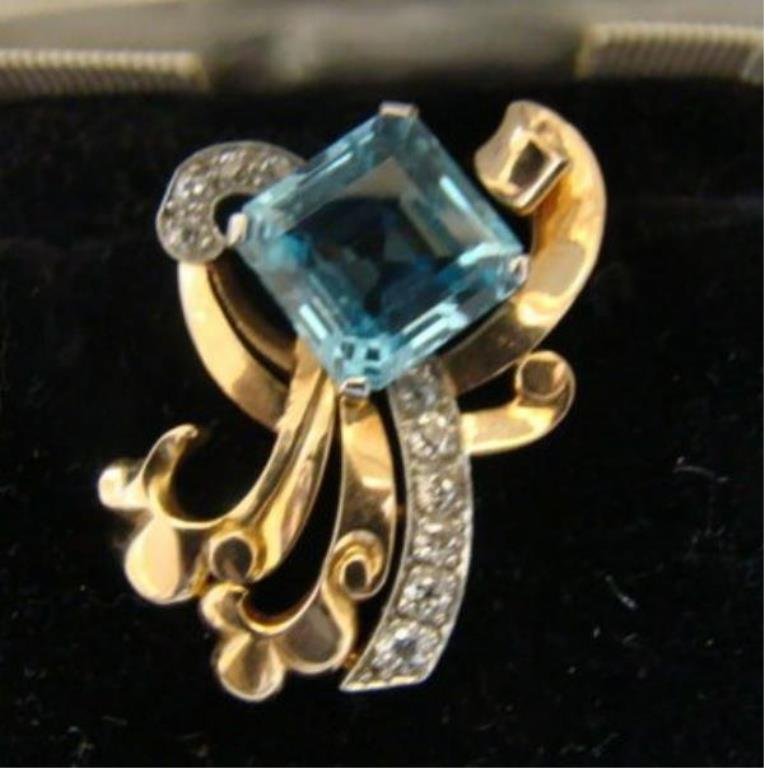 14k Gold, Diamond and Aqua Pin: 1940's mine cut diamonds and aqua sweater clip 10.7 grams total wgt. Condition vg/g