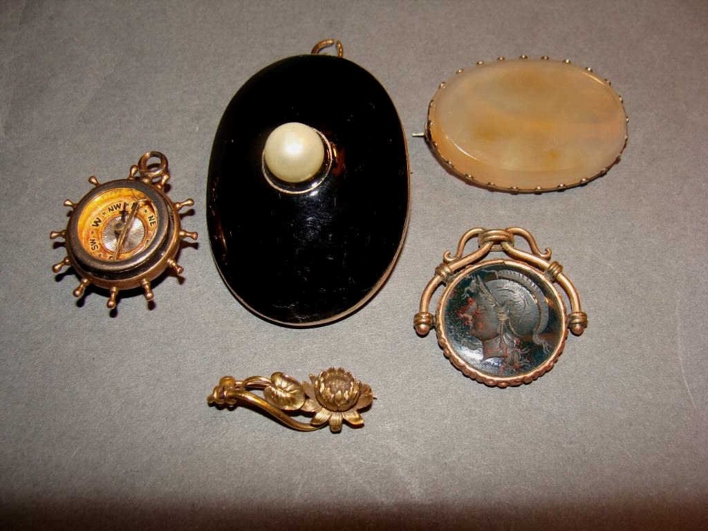 14k Gold Victorian Pin Brooches: 14k Victorian black enamel and pearl, intaglio's enamel flower pin and compass