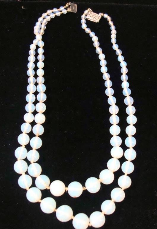 Vintage 10k Gold Clasp and Moonstone Necklace: Graduated hand knotted double strand moonstone necklace. Condition vg/g