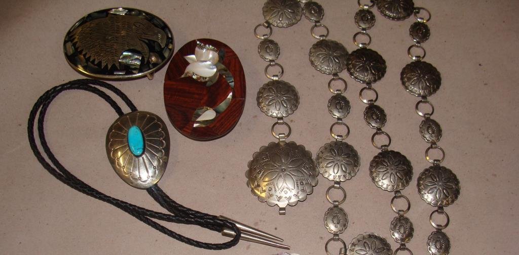 Lot of Sterling Southwestern Belts, Buckles & Bolo (1 of 4)