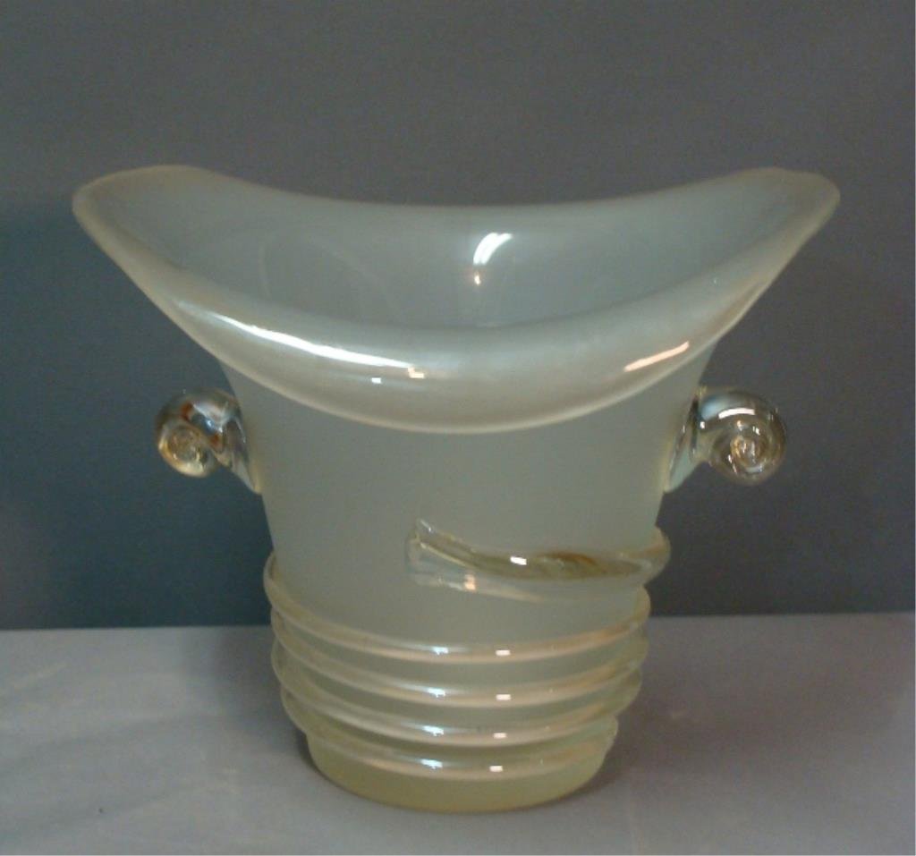 Studio Italian Art Glass Ice Bucket, Artist Signed: Elaborately large and decorative wine cooler or vase with applied handles and gold flake, 27" x 13". Condition vg/g