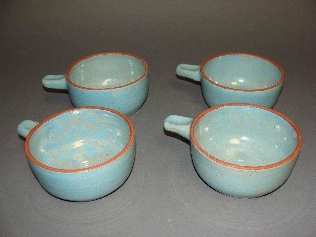 Lot of Mid-Century Edwin and Mary Scheier Pottery Bowls: A scarce set of 4 signed Scheier pottery bowls with tab handles, 2" x 6". Condition vg/f