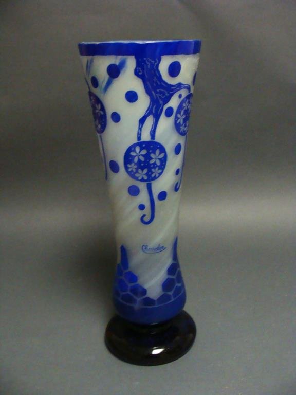 Charder Le Verre Francais Blue Cameo Art Glass Vase: Vintage art deco blue and white cameo art glass vase, 'Charles Schneider' piece, and signed Charder, 17.75" x 6". Condition vg/g