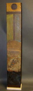 Mid-Century Slab Sculpture, 1966,  William Wyman: Decorated Slab Colum "Don Quixote 36" h x 7" w x 3" d Condition vg/g