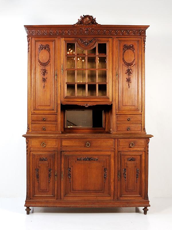 Louis XVI Walnut Buffet with Beveled Glass and Car: Louis XVI Walnut Buffet with Beveled Glass and Carved Overlays Height 100.5 in; width 64 in; depth 21.5 in
