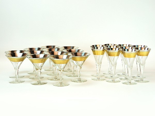 Set of Ten Dorothy C. Thorpe Marked Gold and Platin: Set of Ten Dorothy C. Thorpe Marked Gold and Platinum Crystal Cordials accompanied with a Set of Twelve Martini Glasses Height 5 in; width 4 in; depth 4 in; Height 5 in; width 4 in; depth 4 in