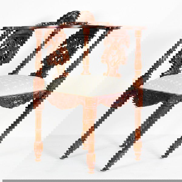 Beautifully Carved Upholstered Red Mahogany Corner: Beautifully Carved Upholstered Red Mahogany Corner Chair with Damask Fabric Seat Height 35.5 in; width 27.5 in; depth 28 in