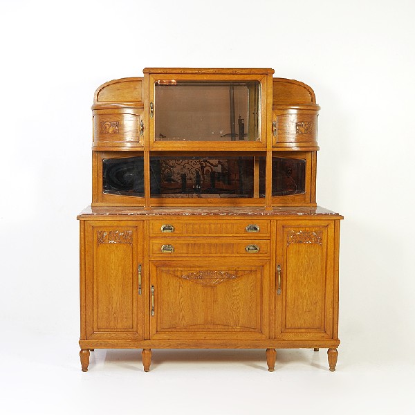Art Deco Oak Buffet with Marble Top and Beveled Gl: Art Deco Oak Buffet with Marble Top and Beveled Glass Height 77 1/2 in; width 67 in; depth 22 in