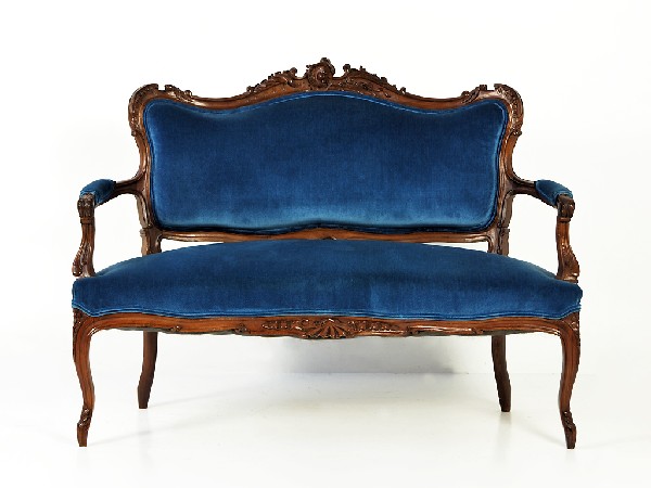 Blue Velvet Louis XV Style Settee: Blue Velvet Louis XV Style Settee Height 39 in; width 50 1/2 in; depth 18 in