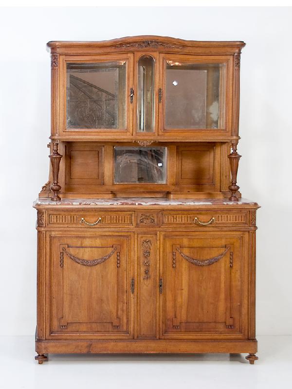 Louis XVI Walnut Buffet with Beveled Glass and Mar: Louis XVI Walnut Buffet with Beveled Glass and Marble Top France 19th Century Height 78 in; width 55 in; depth 20 in
