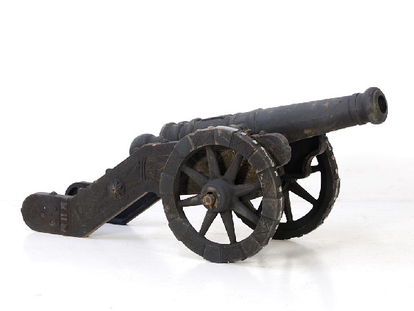 18th Century Spanish Style half sized Cannon, Wheel: 18th Century Spanish Style half sized Cannon, Wheels roll and the barrel tilts up and down Height 24 in; width 54 in; depth (approx. 200 lbs)