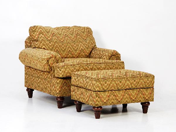 Custom Made Upholstered Armchair and Ottoman, Tagg: Custom Made Upholstered Armchair and Ottoman, Tagged Made for Charles Ray & Associates Height 36 in; width 44 in; depth 24 in/ Height 17 in; width 30 in; depth 22 in