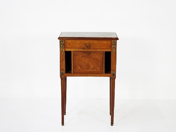 Louis XVI Mahogany Inlaid Lamp Table with Ormolu a: Louis XVI Mahogany Inlaid Lamp Table with Ormolu and Marble Top Height 32 1/2 in; width 21 in; depth 15 in