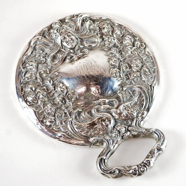 Art Nouveau Monogramed Beveled Hand Mirror; Mark no: Art Nouveau Monogramed Beveled Hand Mirror; Mark not Visible Height: 6.5 in; width 5 in; depth .5 in